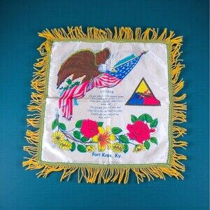Vintage U.S. Army Fort Knox Pillow Cover Yellow Fringe Eagle Flag Souvenir